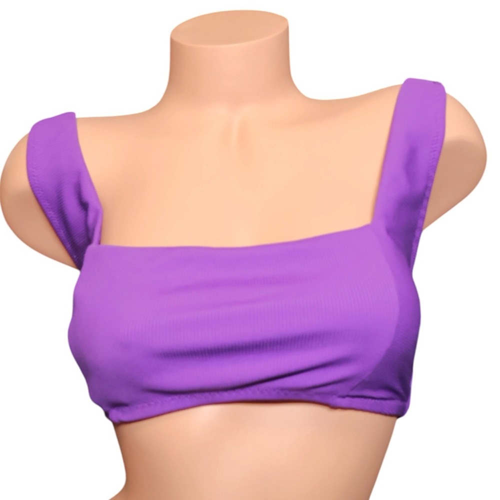 Bar III Micro Rib NWT Purple Hibiscus Square Neck Bralette Bikini Top L Festival